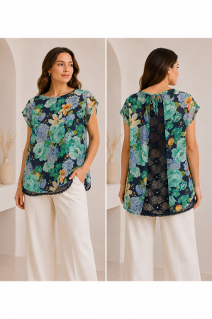 Imbracaminte Dama - Bluza dama bleumarin cu imprimeu floral si insertii din dantela