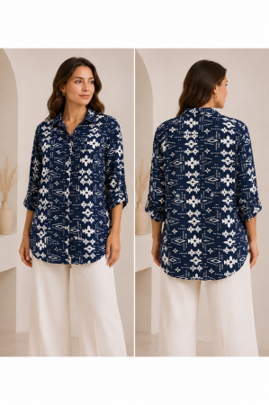 Imbracaminte Dama - Bluza dama bleumarin cu imprimeu geometric si maneca reglabila