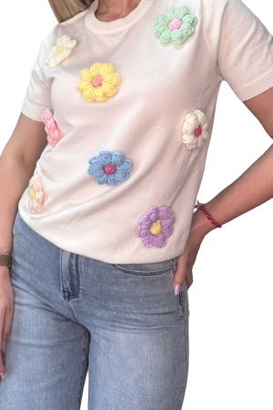Bluza dama cu flori mari 3D aplicate - Happy - alb [2]