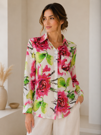 Bluze Dama - Bluza dama din panza cu imprimeu floral si guler clasic