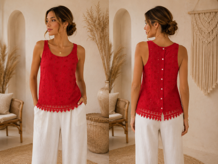 Imbracaminte Dama - Bluza dama din viscoza cu broderie si dantela, fara maneci, disponibila in 4 culori