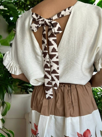 Bluza dama eleganta din vascoza cu decolteu in V si funda la spate, maneca scurta cu volan, ivory [1]