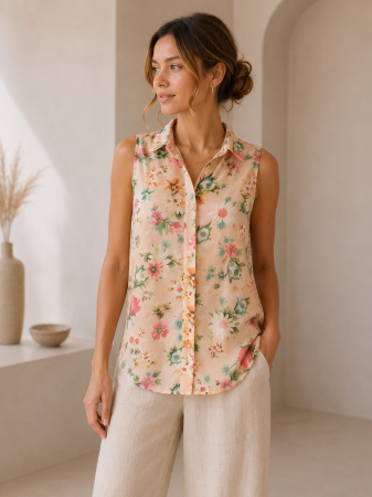 Bluze Dama - Bluza dama fara maneci cu imprimeu floral si guler clasic