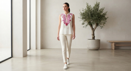 Imbracaminte Dama - Bluza dama fara maneci cu snur la gat si imprimeu decorativ roz