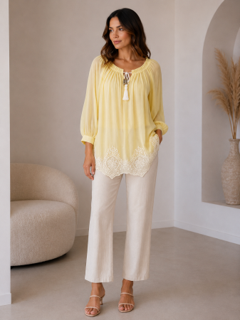 Imbracaminte Dama - Bluza dama lejera cu snur decorativ si broderie florala galben pastel