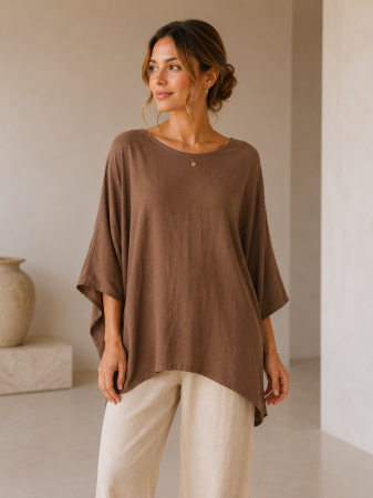 Bluze Dama - Bluza dama lejera din viscoza maro cu croi oversized si detalii decorative la spate