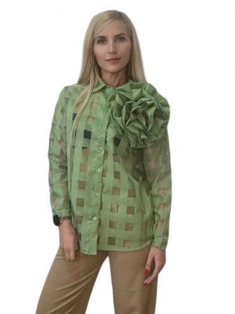 Bluza dama ornata cu floare pe umar și caroiaj transparent - Dianne - verde [1]