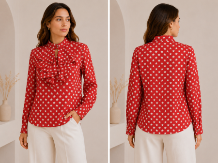 Imbracaminte Dama - Bluza dama rosie cu imprimeu stelute si volane decorative