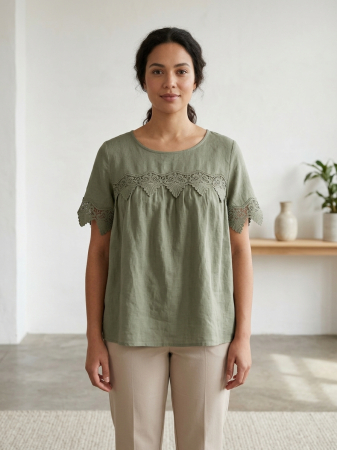 Bluze Dama - Bluza din bumbac cu broderie decorativa si maneci scurte verde olive