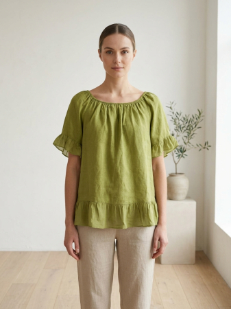 Imbracaminte Dama - Bluza din in cu umeri elastici si volane decorative verde olive