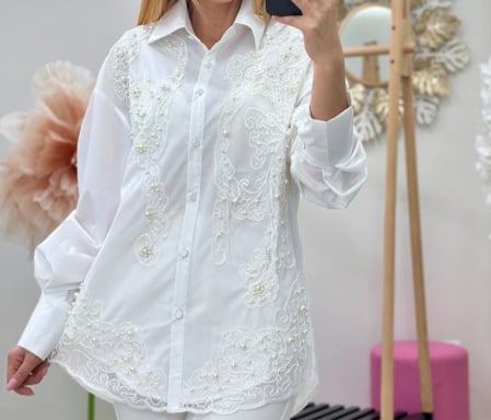 New Entry - Bluza eleganta cu broderie si perle – albastru, alb, negru – marime universala