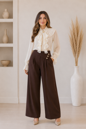 Bluze Dama - Bluza eleganta cu volane, guler inalt si brosa decorativa