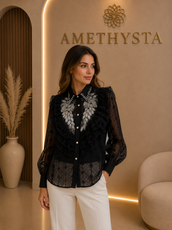Bluze Dama - Bluza eleganta din dantela cu volane si aplicatii stralucitoare
