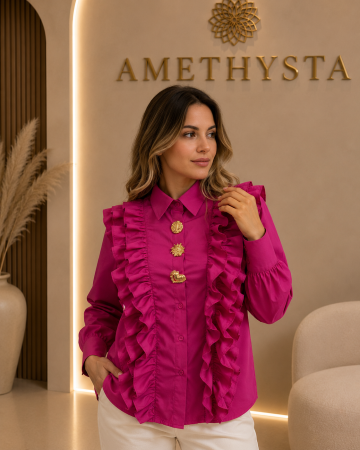 New Entry - Bluza feminina cu volane si brose aurii, model elegant cu guler