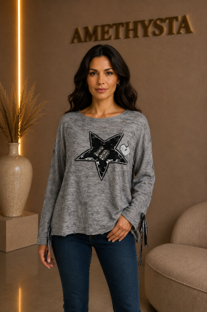 Bluze Dama - Bluza gri cu imprimeu stea, tinte  si snur decorativ la maneci