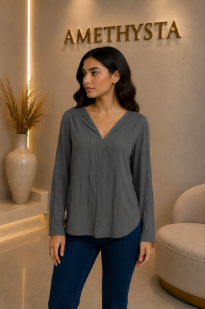 Bluze Dama - Bluza gri inchis din viscoza cu decolteu in V si croi lejer
