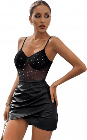Body Dama - Body dama negru cu strasuri – model sexy semitransparent