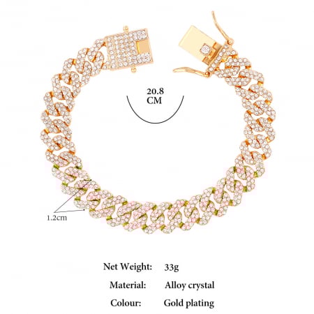 Bratara Cuban, Cristal Zirconiu ICED OUT MIAMI lant zale 12mm/20cm, inchidere cu siguranta, din otel inoxidabil placat cu aur, Hip-Hop Style [4]