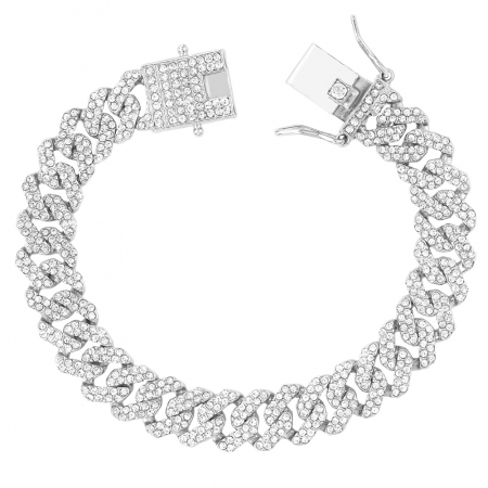 Bratara Cuban, Cristal Zirconiu ICED OUT MIAMI lant zale 12mm/20cm, inchidere cu siguranta, din otel inoxidabil placat cu aur, Hip-Hop Style
