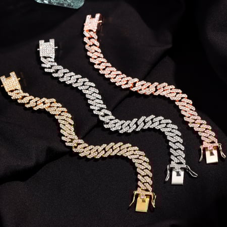 Bratara Cuban, Cristal Zirconiu ICED OUT MIAMI lant zale 12mm/20cm, inchidere cu siguranta, din otel inoxidabil placat cu aur, Hip-Hop Style [1]
