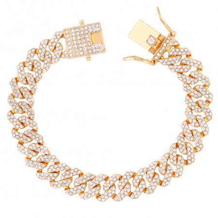 Bratara Cuban, Cristal Zirconiu ICED OUT MIAMI lant zale 12mm/20cm, inchidere cu siguranta, din otel inoxidabil placat cu aur, Hip-Hop Style