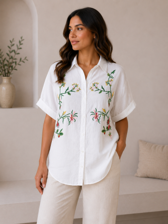 Bluze Dama - Camasa dama din bumbac alba cu broderie florala si croi lejer
