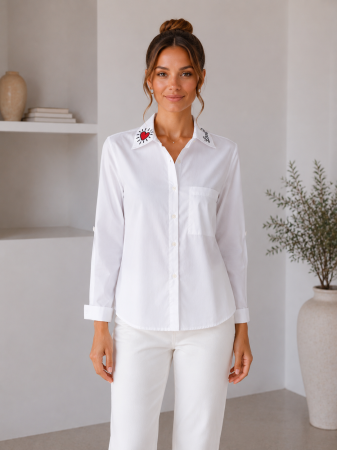 Bluze Dama - Camasa dama din bumbac alba cu imprimeu decorativ la guler