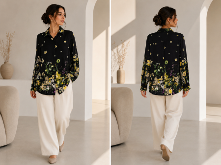 Bluze Dama - Camasa dama neagra cu imprimeu floral si croi lejer din  bumbac