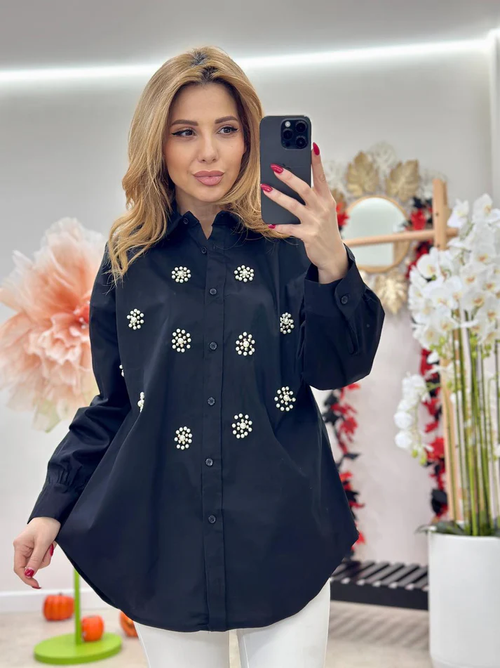 Camasa dama oversized cu perle aplicate, 100% bumbac, model casual-elegant [2]