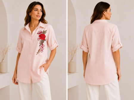 Imbracaminte Dama - Camasa dama roz cu broderie florala rosie si maneca reglabila