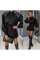 Bluze Dama - Cămașă Diafană cu Perle Decorative pe Umeri – Croi Lejer