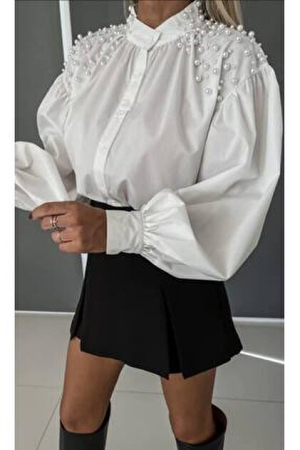 Cămașă Diafană cu Perle Decorative pe Umeri – Croi Lejer [7]