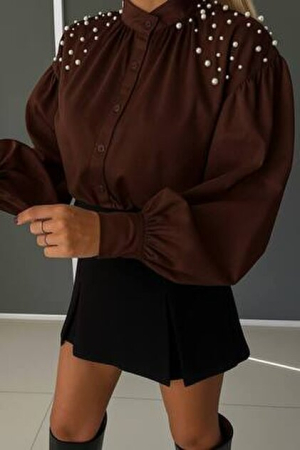 Cămașă Diafană cu Perle Decorative pe Umeri – Croi Lejer [4]