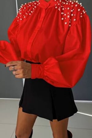 Bluze Dama - Cămașă Diafană cu Perle Decorative pe Umeri – Croi Lejer