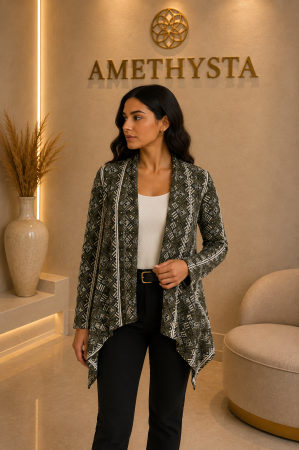 Jachete Dama - Cardigan asimetric kaki cu model geometric si croi deschis
