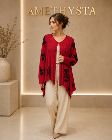 Pulovere Dama - Cardigan dama rosu asimetric cu imprimeu negru