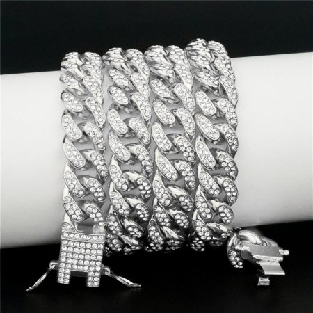 Colier Cuban, Cristal Zirconiu ICED OUT MIAMI lant zale 13mm, inchidere cu siguranta, din otel inoxidabil, Hip-Hop Style [1]