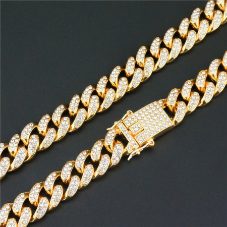 Colier Cuban, Cristal Zirconiu ICED OUT MIAMI lant zale 13mm, inchidere cu siguranta, din otel inoxidabil placat cu aur, Hip-Hop Style [3]
