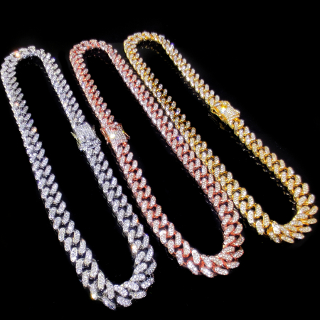 Colier Cuban, Cristal Zirconiu ICED OUT MIAMI lant zale 13mm, inchidere cu siguranta, din otel inoxidabil placat cu aur, Hip-Hop Style [7]