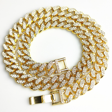 Colier Cuban, Cristal Zirconiu ICED OUT MIAMI lant zale 13mm, inchidere cu siguranta, din otel inoxidabil placat cu aur, Hip-Hop Style [1]