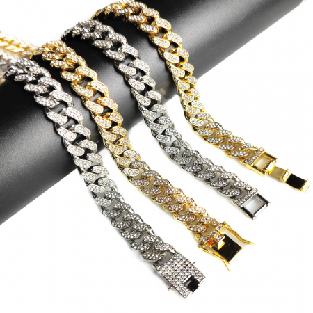 Colier Cuban, Cristal Zirconiu ICED OUT MIAMI lant zale 13mm, inchidere cu siguranta, din otel inoxidabil placat cu aur, Hip-Hop Style [4]