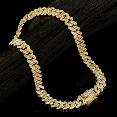 Colier Cuban, Cristal Zirconiu ICED OUT MIAMI lant zale 13mm, inchidere cu siguranta, din otel inoxidabil placat cu aur, Hip-Hop Style [12]