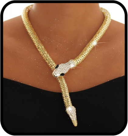 Bijuterii - Colier Pandantiv Auriu Accesorizat cu Strasuri – Gold Snake, prindere magnetica, otel inoxidabil
