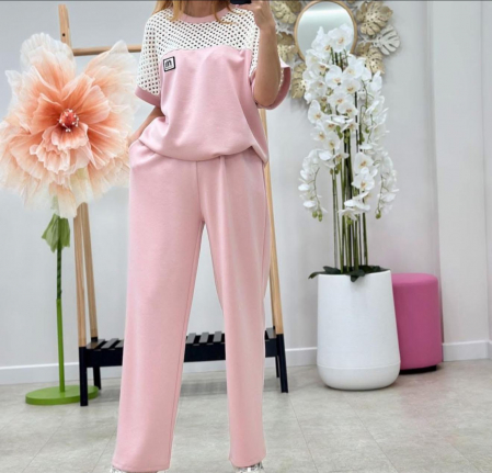 Compleu casual dama cu bluza perforata si pantaloni largi – vascoza cu elastan, talie unica, mai multe culori [1]