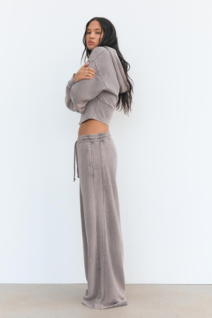 Compleu dama 2 piese din bumbac organic, set trening casual cu bluza cu gluga si pantaloni cu talie inalta [2]