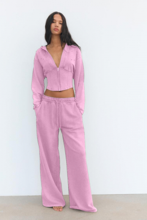 Compleuri Dama - Compleu dama 2 piese din bumbac organic, set trening casual cu bluza cu gluga si pantaloni cu talie inalta