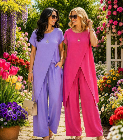 Compleuri Dama - Compleu dama casual cu pantaloni largi si bluza asimetrica talie unica