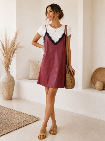 Compleuri Dama - Compleu dama cu sarafan din piele ecologica si tricou din bumbac, cu detalii din dantela