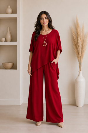 Compleuri elegante - Compleu dama cu tricou asimetric si pantaloni largi, disponibil in mai multe culori