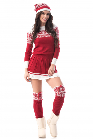 Compleuri Dama - Compleu Dama de Sarbatori - Craciunita Set Fusta Pulover Ciorapi si Caciula